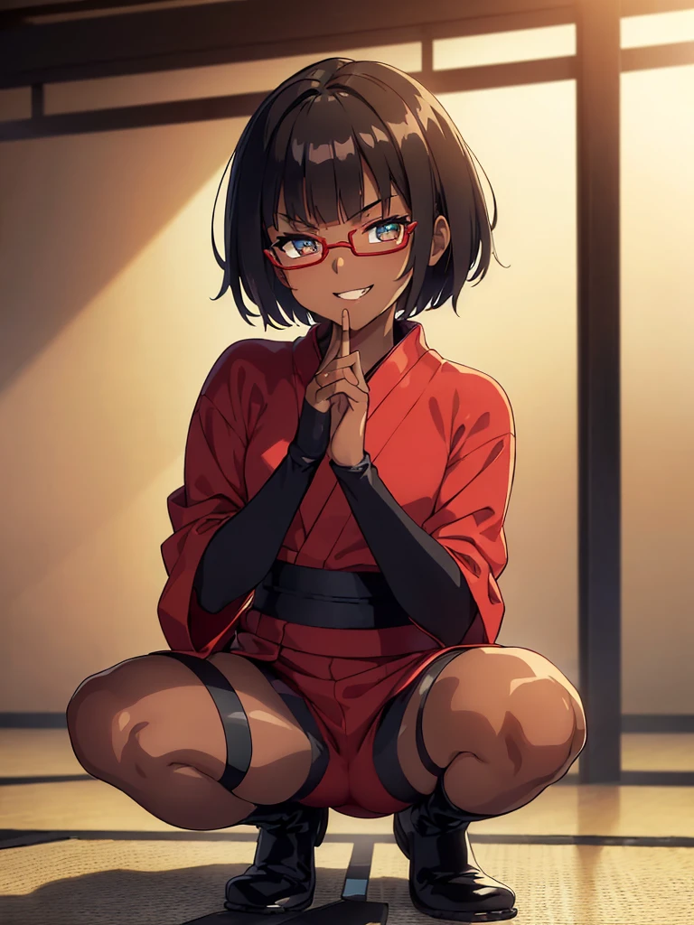 (flat chest), (masterpiece:1.2), highest quality, High resolution, unity 8k wallpaper, (fine and beautiful eyes:1.6), highly detailed face, perfect lighting, Detailed CG, (perfect hands, perfect anatomy), (1 boy solo:1.4), 20 years old, black hair, extremely beautiful detailfeminine face and eyes, (evil smile:1.4), detailed eyes, best quality,( dark skin:1.8), (turtleneck shirt under yukata:1.2), (bike shorts:1.2), extremely detailed, very precise detailed, (glasses:1.3), blunt bangs, open mouth, (very short pixie cut:1.2), boots,(fingerless gloves:1.2), smile, half closed eyes,long sidelocks,(long red Scarf),(yukata),(squatting),(acrobat pose:1.3),(squat:1.3),(one knee dwon:1.5),(put one foot in front:1.3) ,(index fingers up:1.4),(own hands clasped:1.4),  spread legs,
