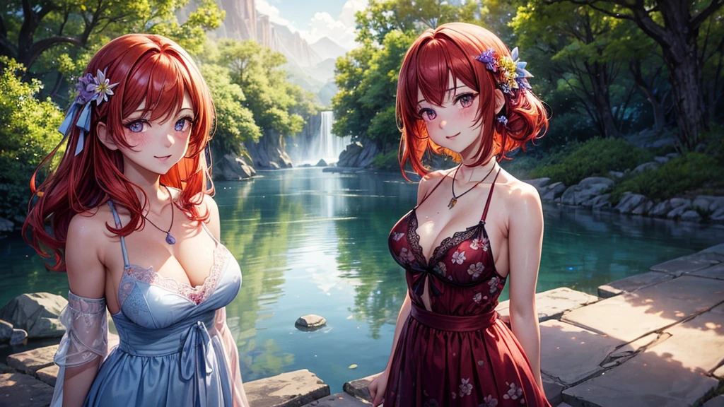 (Masterpiece, Best Quality, High Quality),Nishikino maki, Red hair, purple eyes, (freckle:1.2),moist skin,volumetric lighting, illustration, beautiful, a bow,upper body, (Light blue camisole:1.1), floral print, looking to the side,big breasts ,confident, seductive smile, (arms behind back, head tilt:1.1), heart pendant, perfect lighting, perfect shadows, flower, (breathtaking scenery:1.1), tree, blushing