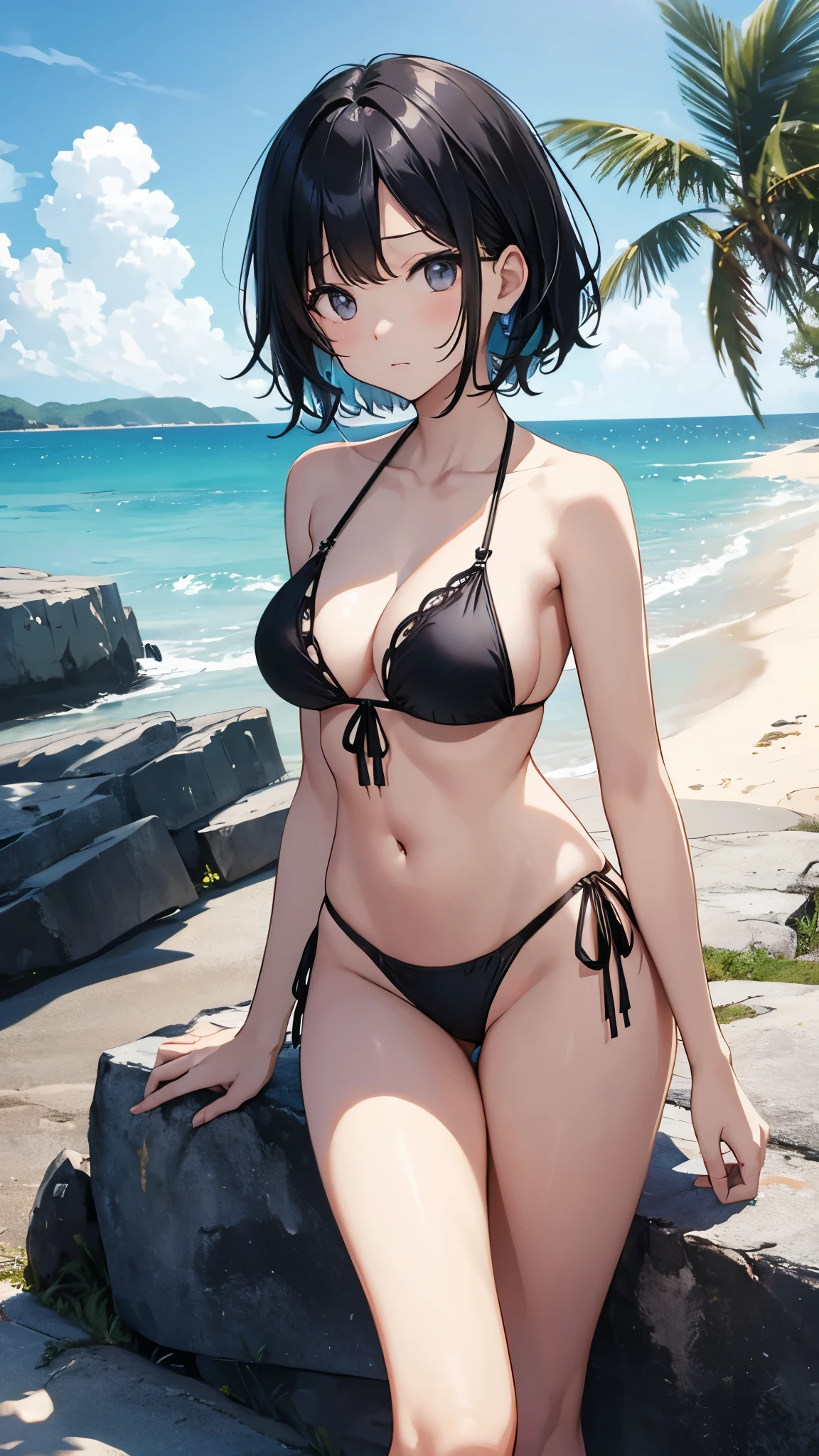 Black string bikini、Embarrassed expression、Black Hair、short hair、High resolution、high quality、summer、sunlight、Ocean、