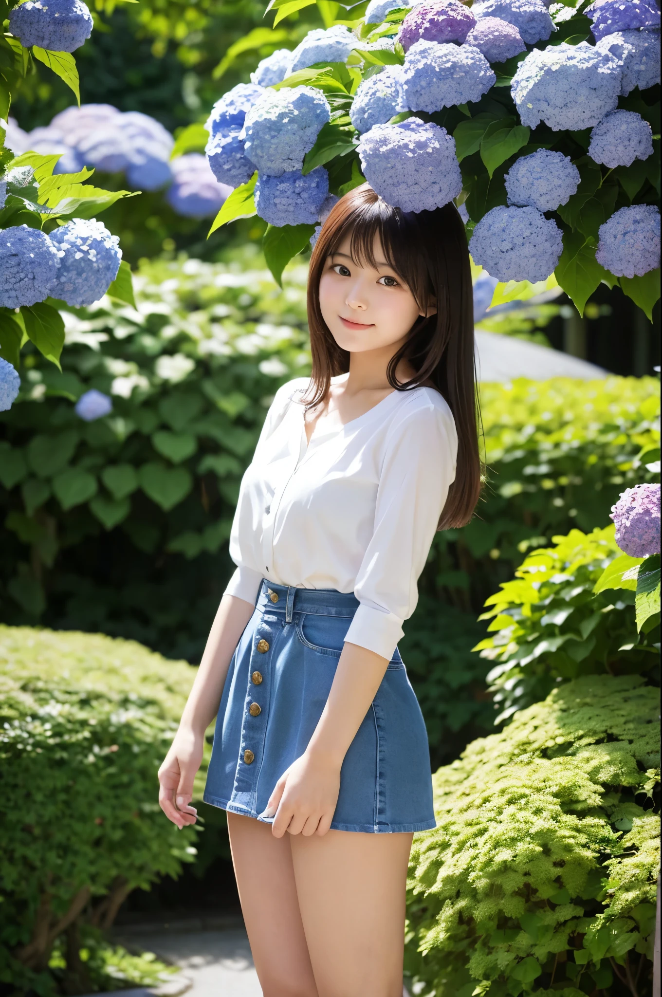 A 20-year-old girl wearing a miniskirt、In the hydrangea park。