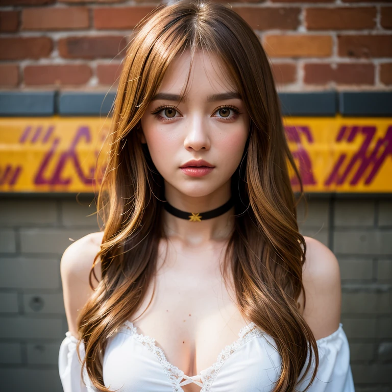 ultra realistic 8k cg, masterpiece, ((ultra detailed background, delicate pattern, intricate detail)), best quality, intricate details, chromatic aberration, 1girl, long hair, golden hair, messy hair, red highlights, hair over one eye, sharp eyes, choker, brick wall, graffiti, dim lighting, alley, oversized shirt,off shoulder, see through white shirt, Masterpiece, best quality