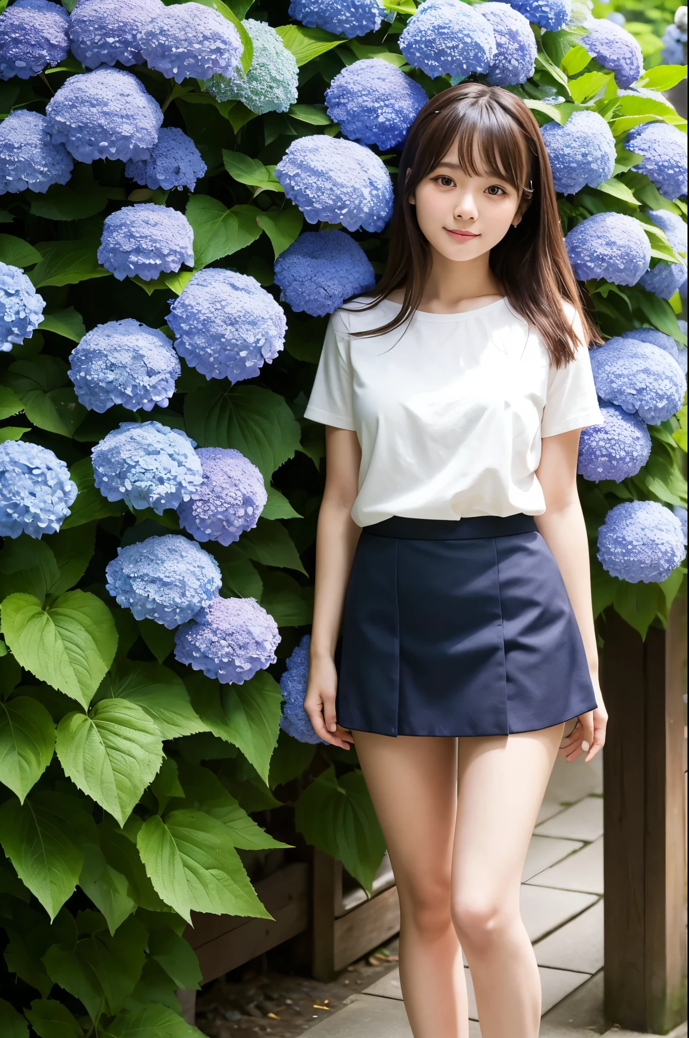 A 20-year-old girl wearing a miniskirt、In the hydrangea park。