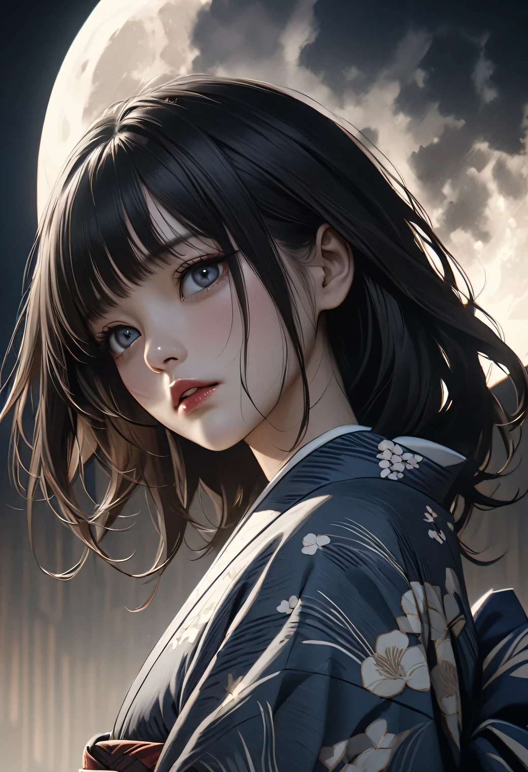 beautiful detailed eyes, beautiful detailed lips, extremely detailed eyes and face, longeyelashes, 1girl, traditional japanese clothing, kimono, night, moonlight, moon, sad expression, melancholic, moody, atmospheric, ukiyo-e style, woodblock print, muted colors, dark tones, cinematic lighting, dramatic lighting, chiaroscuro, (best quality,4k,8k,highres,masterpiece:1.2),ultra-detailed,(realistic,photorealistic,photo-realistic:1.37)