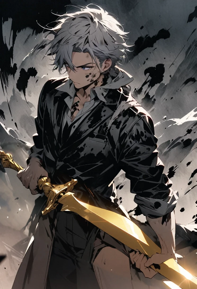 Holding a golden sword