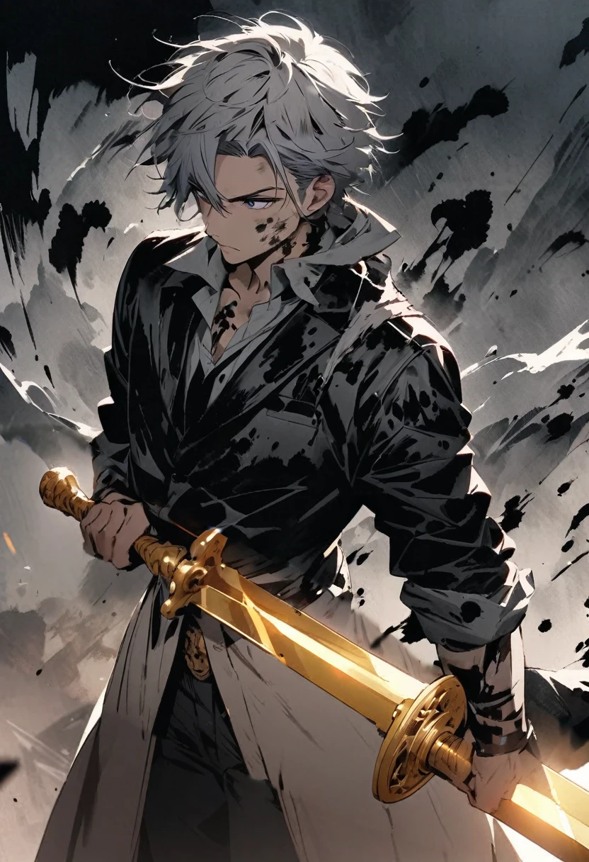 Holding a golden sword