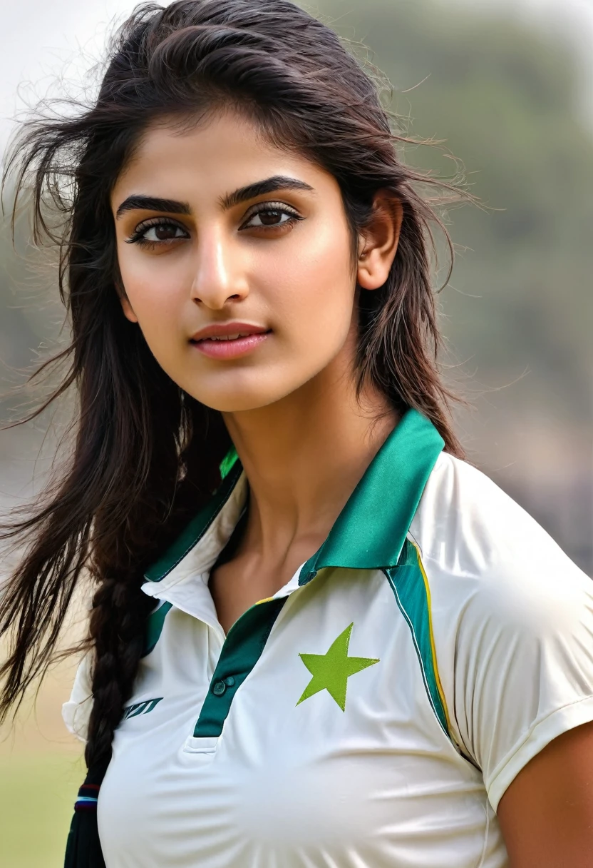 Beautiful female, cricket player, fit, athletic, teen, tall, abs, Pakistani girl, beautiful hears, ((alabaster skin)), white skin