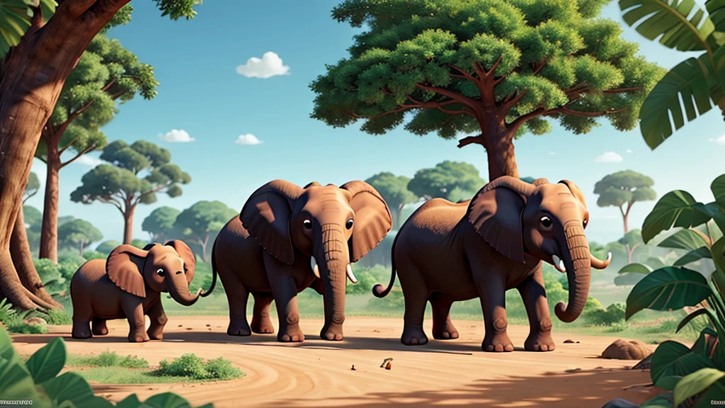 Illustrate elephants in various landscapes, from lush jungles to arid deserts, highlighting their diverse habitats and resilience.  Hyper-realistic, 8k, ultra HD, Pixar style, Disney style, Cinema 4D, --ar 3:2 1