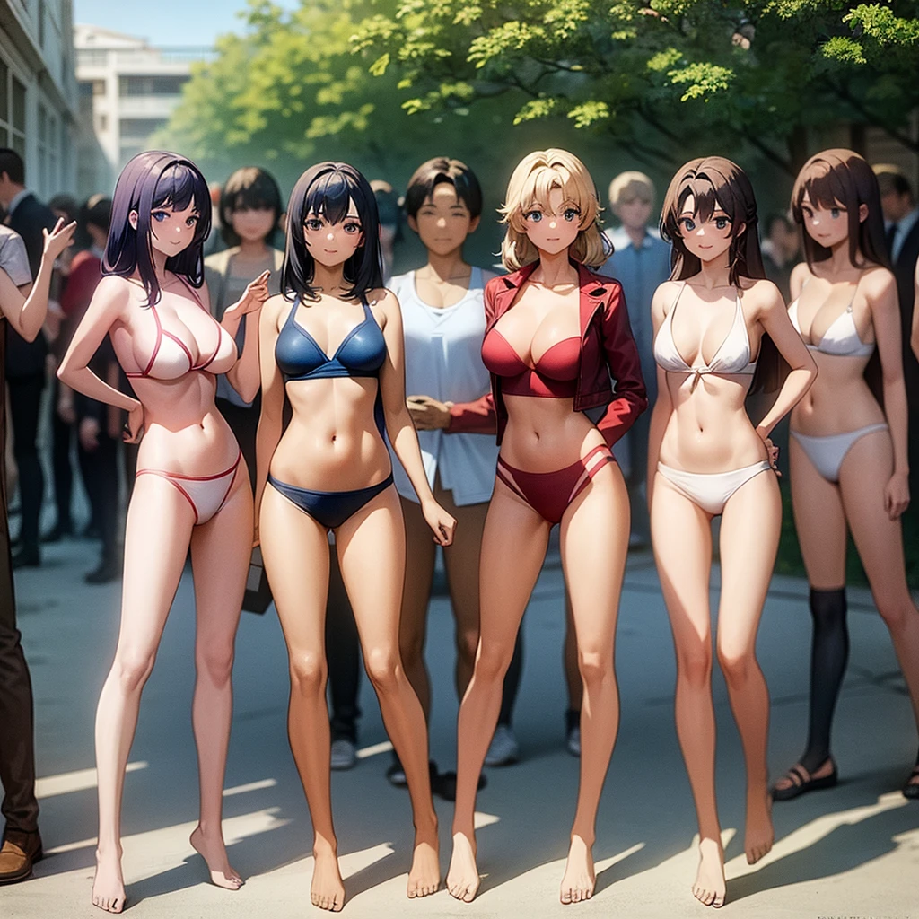Masterpiece 3 beauties in swimsuits, medium , various hairstyles and hair colors, full body photos standing in the crowd smiling