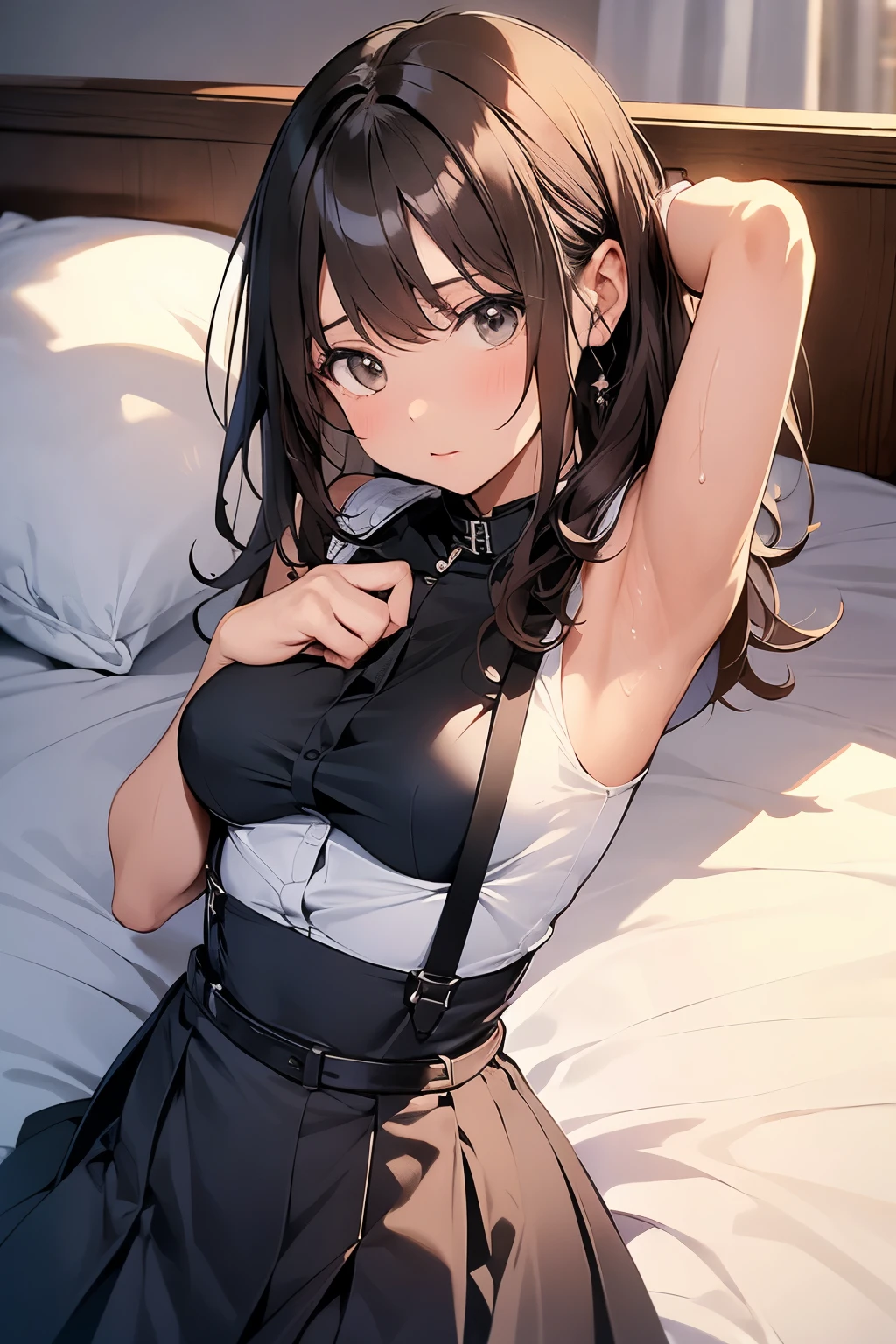 Gazing at the audience Black suspenders bulging big breasts wall mini skirt garterbelt garter vision Small face holster Beautiful woman Show me your hands Lying in bed vision Taunt ~ side ~ side汗 arm belt summer Armpit sweat