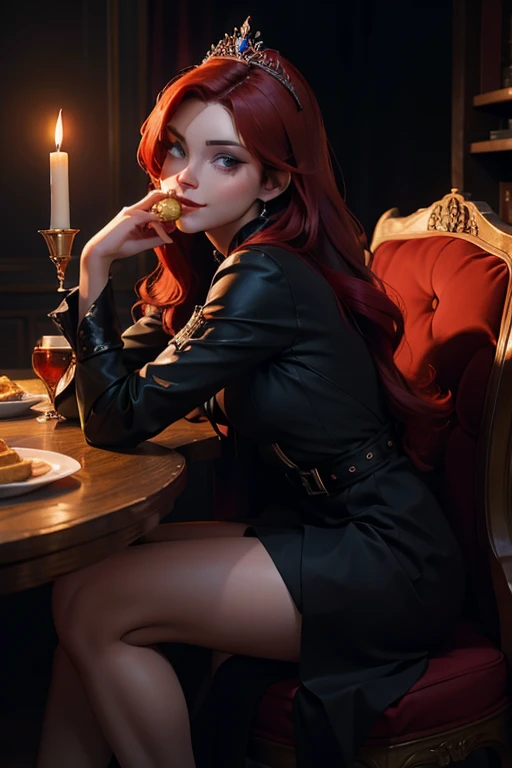 Princesa das trevas com os olhos de sangue, red hair, crown, evil smile, anime style, lens flare, high detail, first-person view, cinematic lighting, masterpiece, super detail, best quality, 8k, UHD((Full body closeup,)) gloomy black castle setting, Sensual and arrogant princess ,Eating like a glutton, table full of food