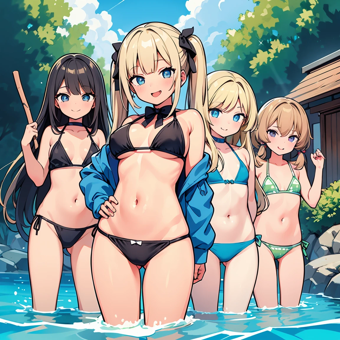 masterpiece, high resolution, high quality, detailed, 10 Girls, Huge breasts, sheer swimwear, Small swimsuit, Wet, A lot of semen, Put your hands behind your back, Long Hair, Hunchback, smile,（（表情のdetailed：Cross-eyed、Stick out your tongue、Sparkling eyes））