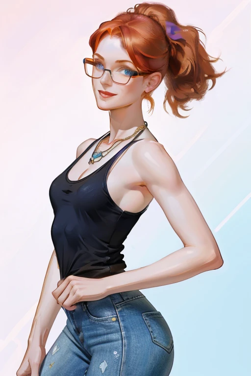 (rule of thirds),((ultra realistic illustration:1.2)), Tall, slender ((redhead)) woman of Irish descent. (pale:1.3)complexion. blue eyes, cute butt, nice legs. Kind eyes, cute ((smile:1.2)). Ponytail, (Eyeglasses), light makeup, necklace, tank top, skinny jeans, stiletto heels. Masterpiece, (highly detailed:1.2),(detailed face and eyes:1.2), 8k wallpaper, natural lighting. core shadows, high contrast, bokeh.