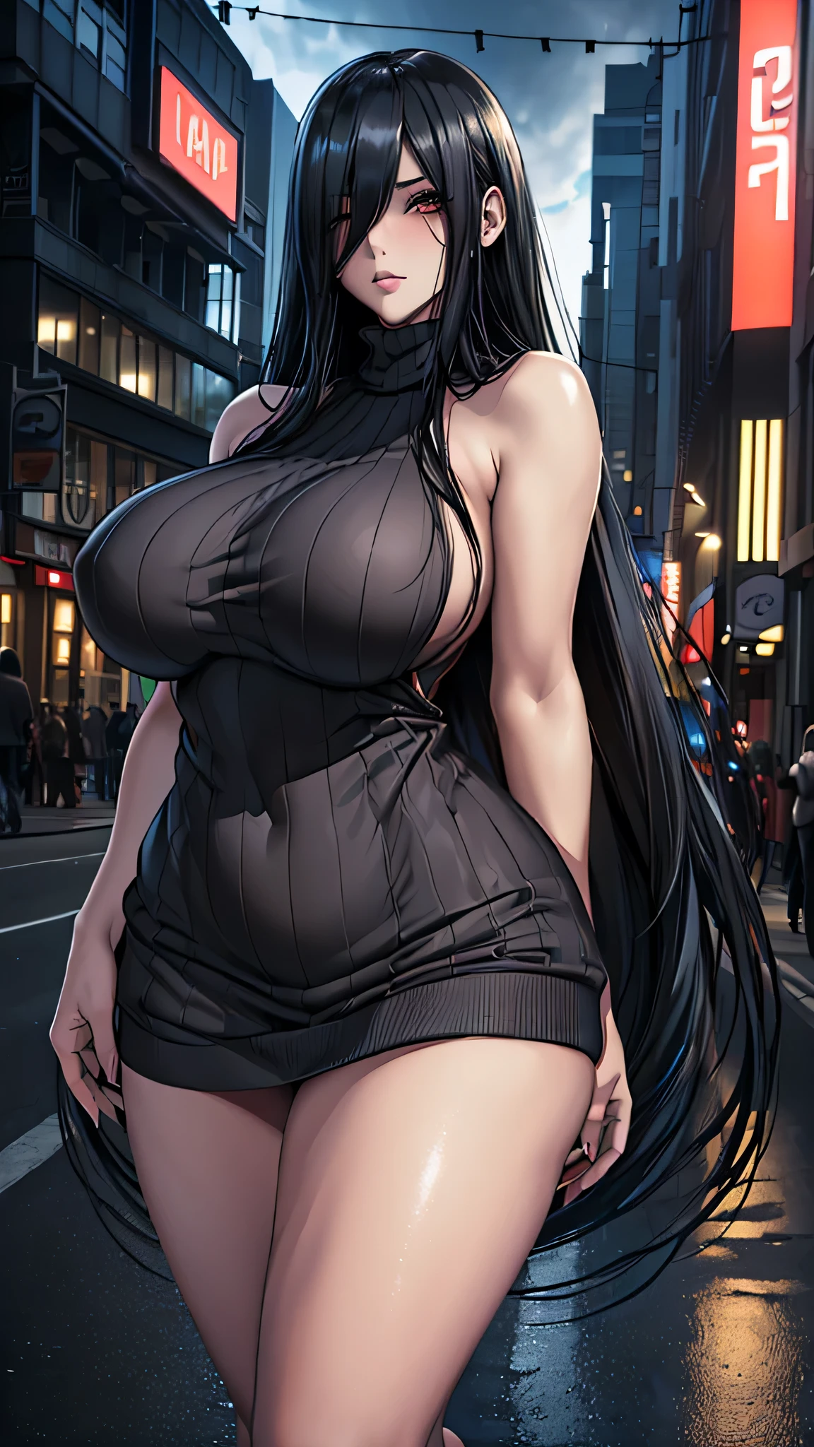(in 16K、A high resolution、Best Quality、 masuter piece、unreal engine、amine、top-quality、From the thighs up:1.2),(Natural Skin Texture、Detailed skin、Beautiful skin、ultra sharpness),intricate detailes、Extraordinary beauty,(((gigantic breasts,voluptuous body、1 cute woman,20 to 25 years old,adult lady,sadako from the ring,Black nails,))),(an extremely cute and beautiful face:1.2),(((big eyes,sharp eyes,eye bags,eyelash extension,pale skin,black hair,very long straight hair,bottomless,Landmine fashion))),(solo,hair over oen eye,empty eyes,Expressionless,Tempting,darkness,Dark atmosphere:1.6),(virgin killer sweater_:1.4),(Are standing,Late Night,bustling street,Passersby,dim:1.5),