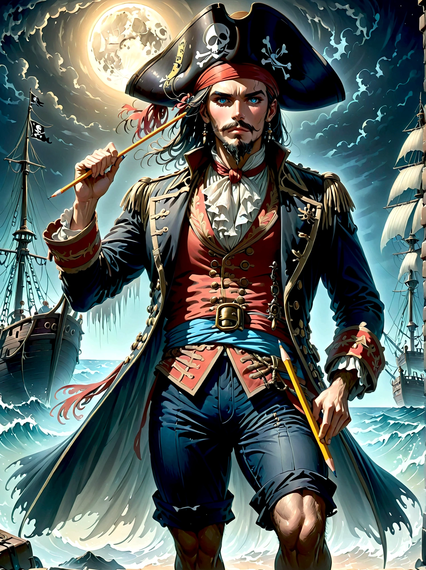 A Pirate Captain with a straw hat who has wide joyous eyes, over expressive facial features, surrounded by gloomy and Gothic atmosphere typical of late 19th century illustrations. The character possesses monstrous strength and has an ability to stretch his limbs extraordinary lengths. His attire consists of a red vest, blue shorts with a yellow sash and black sandals. The style reminiscent of the eerie expressiveness, exaggerated proportions and dark thematic elements, (using pencil sketches:1.5)