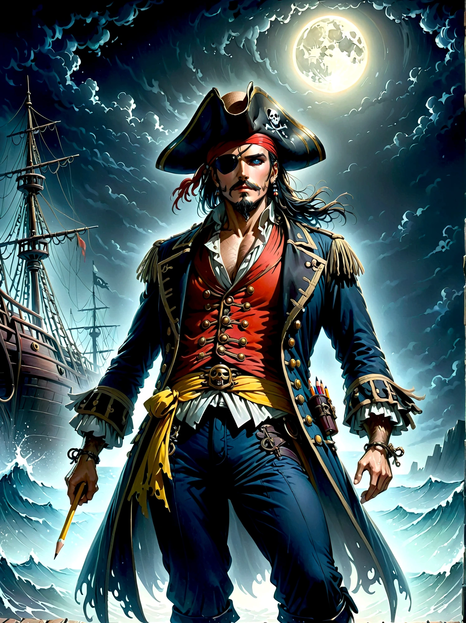 A Pirate Captain with a straw hat who has wide joyous eyes, over expressive facial features, surrounded by gloomy and Gothic atmosphere typical of late 19th century illustrations. The character possesses monstrous strength and has an ability to stretch his limbs extraordinary lengths. His attire consists of a red vest, blue shorts with a yellow sash and black sandals. The style reminiscent of the eerie expressiveness, exaggerated proportions and dark thematic elements, (using pencil sketches:1.5)