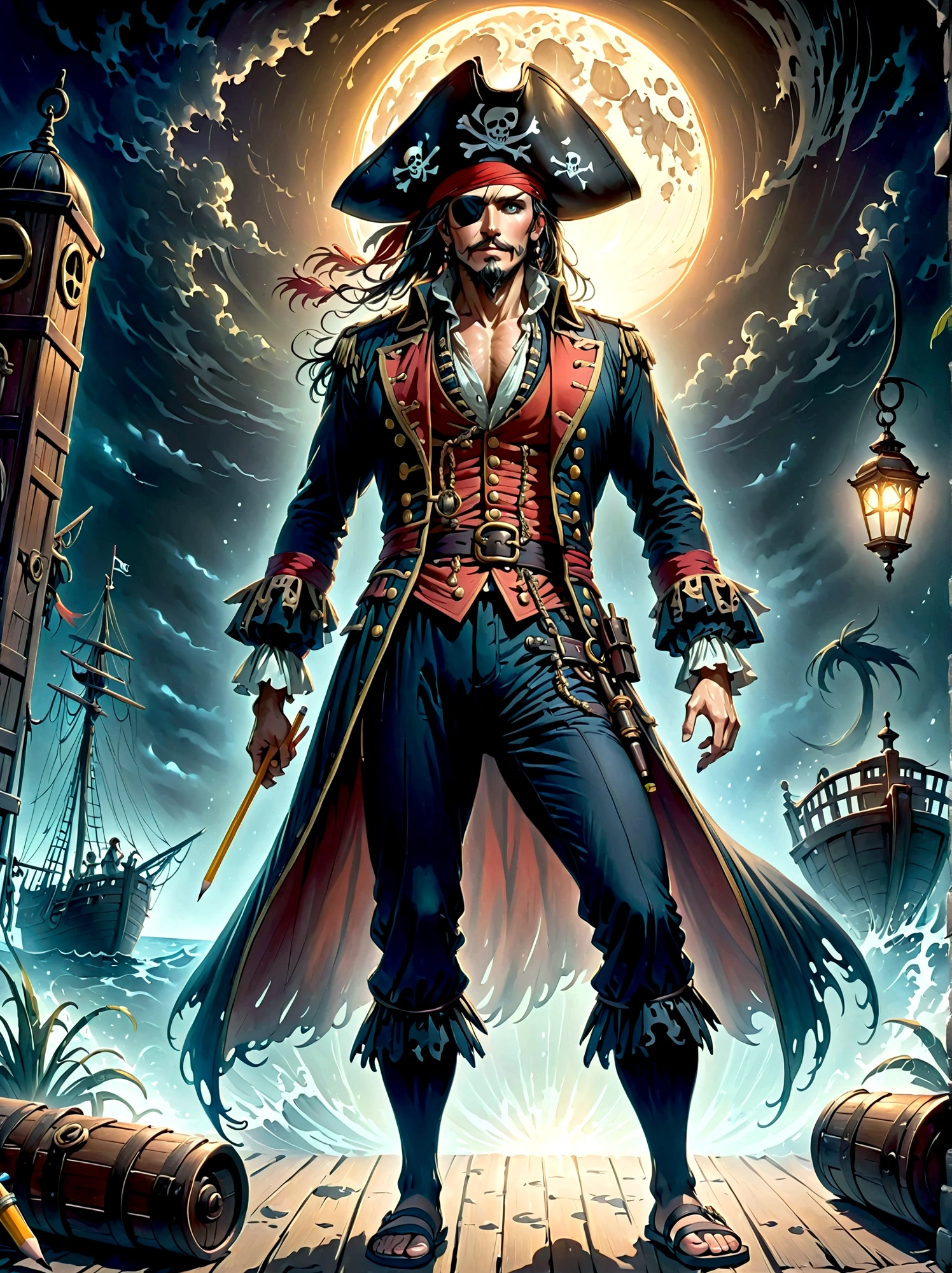 A Pirate Captain with a straw hat who has wide joyous eyes, over expressive facial features, surrounded by gloomy and Gothic atmosphere typical of late 19th century illustrations. The character possesses monstrous strength and has an ability to stretch his limbs extraordinary lengths. His attire consists of a red vest, blue shorts with a yellow sash and black sandals. The style reminiscent of the eerie expressiveness, exaggerated proportions and dark thematic elements, (using pencil sketches:1.5)