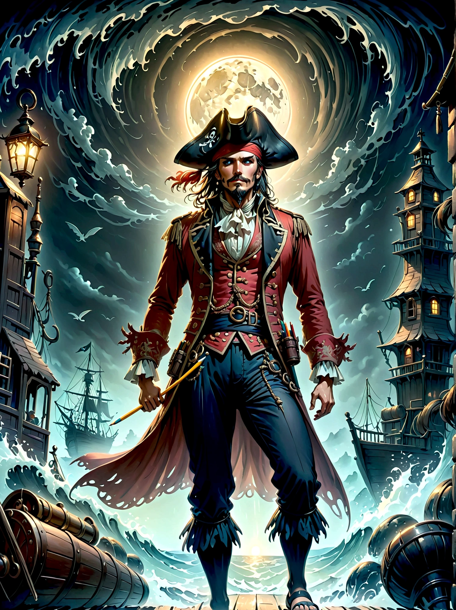 A Pirate Captain with a straw hat who has wide joyous eyes, over expressive facial features, surrounded by gloomy and Gothic atmosphere typical of late 19th century illustrations. The character possesses monstrous strength and has an ability to stretch his limbs extraordinary lengths. His attire consists of a red vest, blue shorts with a yellow sash and black sandals. The style reminiscent of the eerie expressiveness, exaggerated proportions and dark thematic elements, (using pencil sketches:1.5)