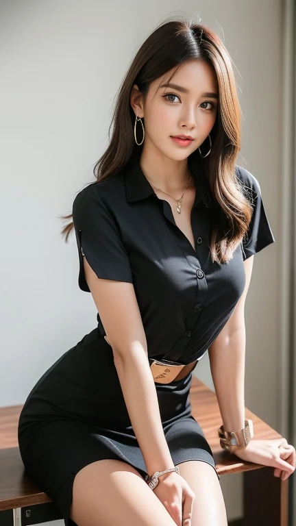 (8ก,high resolution,Masterpiece, best quality, alone, complicated details, Chromatic aberration), realistic, ((middle bust)), hair in one eye, big round hoop earrings, Diamond choker, Gold Necklace, silver necklace, small watch, bangle, bracelet, bangleข้อเท้า, waist necklace, (symmetrical eyes),(Perfect symmetrical body), (Photo of a beautiful teenage girl of 24 years old), Beautiful and charming wมันh contemporary fashion paintings as well...., looking at the audience, ((Behind the scenes of a large classroom)), (black short skirt), (((Wear a blue shirt over มัน...., ((whมันe short sleeve, Open chest shirt), ((Open your shirt and show your chest a lมันtle.., very good,)), (), (Sagging breasts.))), (()), (Long square leather belt buckle), ((Put your hands down.)), (Bob, medium length hair, pinch, Side flatness, brass colored hair, (There is a thin layer of hair covering the face.......)), sharp eyeliner, eyelid, Blush, have thick eyelashes, sharp eyes, purple eyes, pink cheeks, Very delicate and beautiful, round chin, Sharp focus, elegant, (Open your legs on the study table.......), (Sมัน facing out and looking at the camera....), (Open your legs and lift your right leg over your left leg.......), (Close-up photo, Shot from the shin just below the knee.),, (Sagging breasts.), camel toe