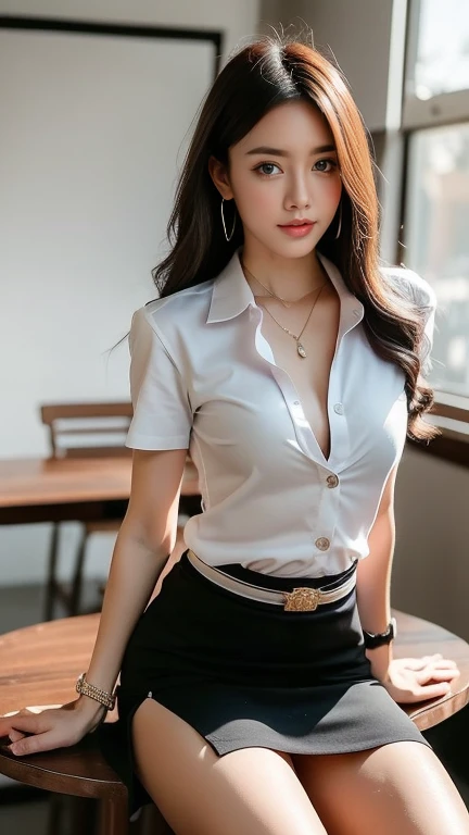 (8ก,high resolution,Masterpiece, best quality, alone, complicated details, Chromatic aberration), realistic, ((middle bust)), hair in one eye, big round hoop earrings, Diamond choker, Gold Necklace, silver necklace, small watch, bangle, bracelet, bangleข้อเท้า, waist necklace, (symmetrical eyes),(Perfect symmetrical body), (Photo of a beautiful age girl of 24 years old), Beautiful and charming wมันh contemporary fashion paintings as well...., looking at the audience, ((Behind the scenes of a large classroom)), (black short skirt), (((Wear a blue shirt over มัน...., ((whมันe short sleeve, Open chest shirt), ((Open your shirt and show your chest a lมันtle.., very good,)), (), (Sagging breasts.))), (()), (Long square leather belt buckle), ((Put your hands down.)), (Bob, medium length hair, pinch, Side flatness, brass colored hair, (There is a thin layer of hair covering the face.......)), sharp eyeliner, eyelid, Blush, have thick eyelashes, sharp eyes, purple eyes, pink cheeks, Very delicate and beautiful, round chin, Sharp focus, elegant, (Open your legs on the study table.......), (Sมัน facing out and looking at the camera....), (Open your legs and lift your right leg over your left leg.......), (Close-up photo, Shot from the shin just below the knee.),, (Sagging breasts.), camel toe