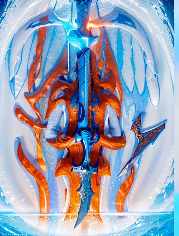 ((A holy long sword)), blue orange and red, holy luminesvebt glyphs, in bottom of ocean, fire aura, beautiful decourations, insane details, 8k, uhd, photorealistic,Raw photo,high quality,16k resolution,vivid colors, with luminescent effects, ((ultra realistic, photo realistic))