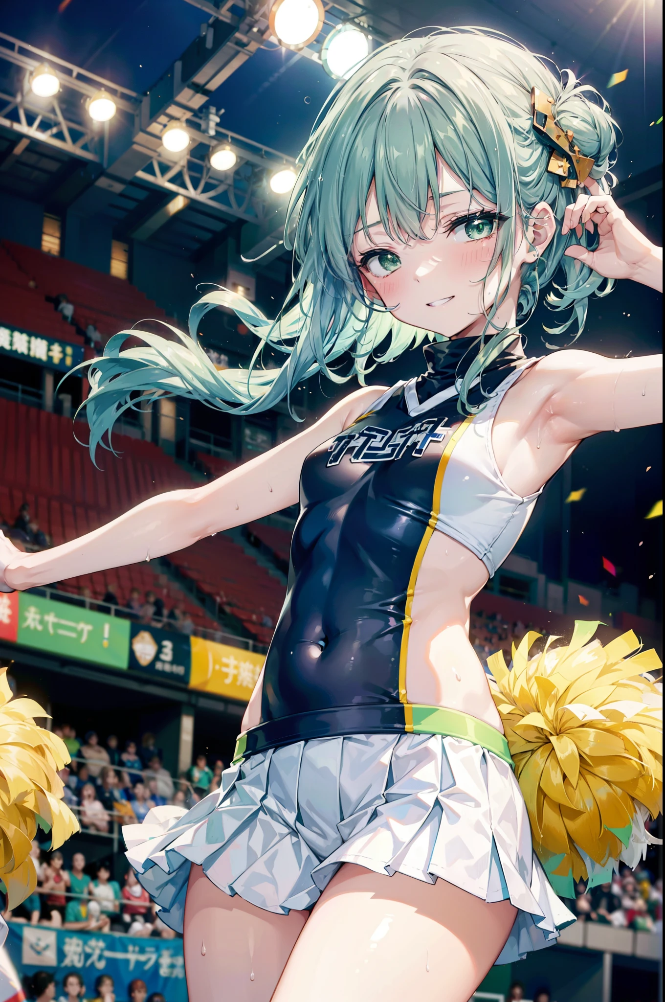 index, index, (Green Eyes:1.5), Silver hair Long hair, (Flat Chest:1.2),Grin,tooth,
,(cheer leading), (whole body), Lower, (Sweaty), Sweaty Wet Clothes, (White clothes), Pleated skirt,Black socks,sneakers, Belly button support, playground, (Jump), (Jump), 足を曲げてJumpする, air, blue sky, Grass原, smile,Cheerleader, Pom-pom \(cheer leading\), Grass, smile, whole bodyがイラストに入るように,
break looking at viewer, whole body,(Cowboy Shot:1. 5) ,
break indoors, Stadium,crowd, people々々,
break (masterpiece:1.2), Highest quality, High resolution, unity 8k wallpaper, (shape:0.8), (Fine and beautiful eyes:1.6), Highly detailed face, Perfect lighting, Highly detailed CG, (Perfect hands, Perfect Anatomy),