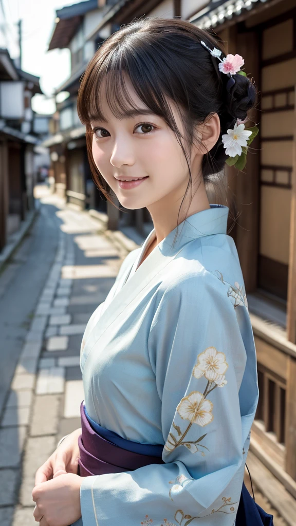 Professional Lighting,(Realistic:1.4), (Top image quality:1.0), (超High resolution:1.0), 8k, Raw photography, (masterpiece:0.2), (Dealing with the Children_v1:0.5)、(最高quality Detail:1.2)、Realistic、8K Ultra HD、High resolution、(1 Girl:1.2)、超detailedな、High quality textures、複雑なdetailed、detailed、Very detailed CG、High quality shadows、detailed 美しく繊細な顔、Beautiful details and a delicate eye、(Symmetrical eyes:1.2),Written boundary depth、Ray Tracing,1 Girl, Japanese Girls, (Natural smile:1.4),cute, thin, Portrait of a beautiful Japanese woman in a kimono, Standing elegantly on a street corner in Kyoto. Kimono with vibrant traditional patterns, Hair decorated with elegant and delicate hairpins, Gentle expression. (With the old streets of Kyoto in the background:1.4)、The soft light of a spring afternoon、Adding tranquility to the scene. Rendered in a Realistic style with great attention to detail, High resolutionの画像.Sky Porn, Magic Hour, (Realistic:1.3), finely, quality, (Tabletop:1.2), (Realistic:1.2), (最高quality), (複雑なdetailed), dramatic, Ray Tracing, photograph, +roller