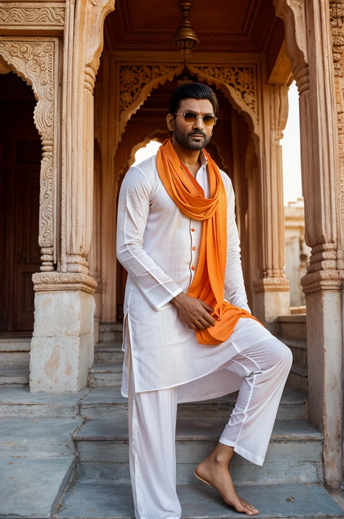 /imagine prompt: Advertising Photography, Chirag Paswan, dressed in a white kurta pajama with a vibrant saffron-colored scarf around his neck, lovingly gesturing an old Aghori sadhu sitting on the steps of an ornate Indian-style temple to enter the temple, intricate carvings and vivid colors on the temple facade, Narendra Modi, dressed in a white kurta pajama and glasses, standing in the background smiling at the scene, full body wide-angle shot, Nikon Z9, bright sunshine casting warm golden light, afternoon time with a clear blue sky, vibrantly colored, capturing leadership and harmony, hopeful and uplifting mood, Steven Spielberg's cinematic style, 2020s style, #FFA500 --ar 16:9