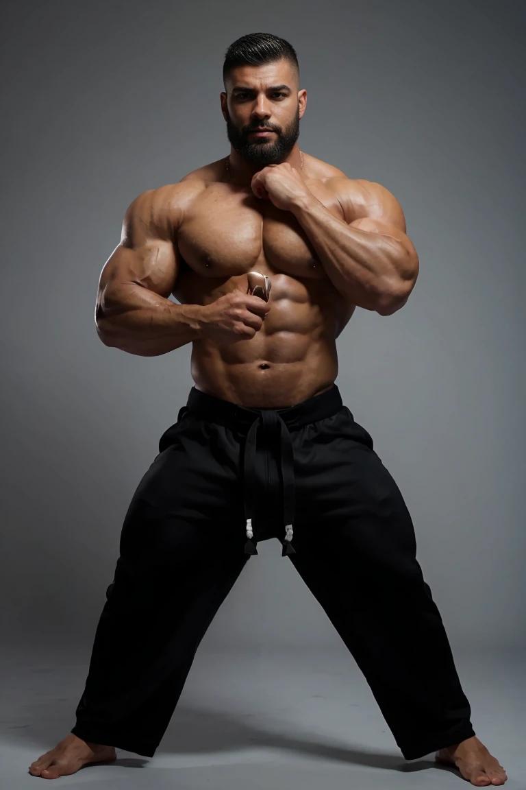 bodybuilding physique, A muscular man with a strong build.. He has a well-defined jaw and a serious expression.. Su piel es clara, y tiene barba corta. Boxeador o karateka, pose de karate, pose de boxeo, only pants, hermoso rostro，lleno de luz，Una mirada decidida, corte militar, ruso, fondo de ciudad apocaliptica, luchando contra zombies, punches against zombies