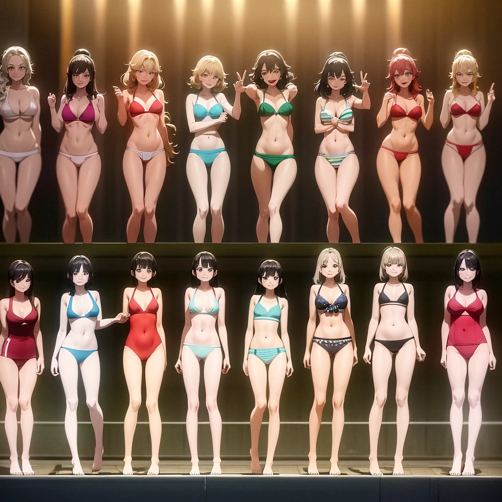 Masterpiece 3 beauties in swimsuits, medium , various hairstyles and hair colors, full body photos standing in the crowd smiling