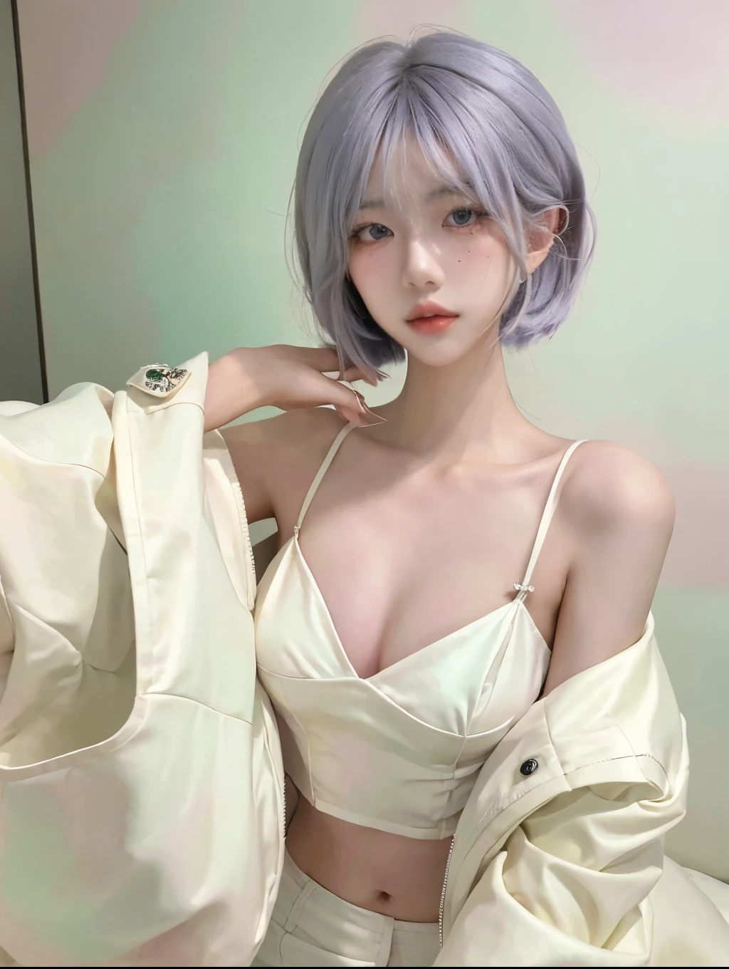 Beautiful woman with perfect figure:1.4,Layered hairstyle,White skin,Prominent cleavage,Bikini:1.5,Super short pleated skirt,whole body,Very delicate facial and skin texture,Double eyelids,Skin Whitening,Long white hair