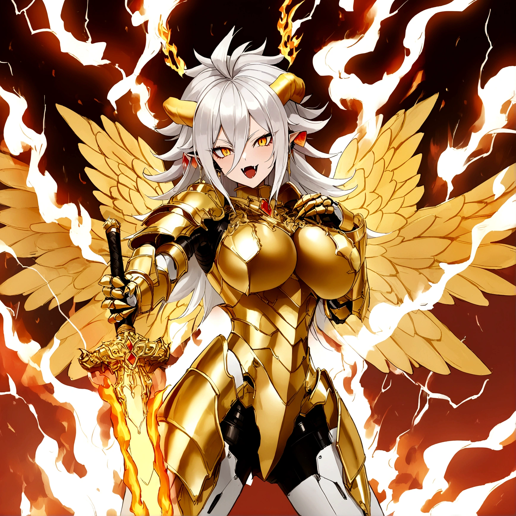 ((Lightning Power)), ((Electricity)), ((Fire Background)), ((Lightning Storm)), ((Power Erupting)),((((android 21 Evil)))), (((white Coat))), (((Busty))), (((((Big breast:1,3)))), luxury bustier corset, (((silver hair))), (((Very slim waist))), propotional body, ((Gorgeous)), (((gold wings))), masterpiece, hyperdetail, ambient effect, digital effect, (((Fangs))), (((FIRE SWORD)), (((Lightning Sword))), (((Fire Gold Armor))), (((Lightning Gold Wings))), (((Fire Blazing Horns)))