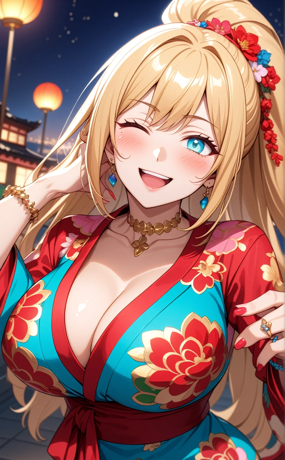 One personの女性)), Beautiful Face,Laughing embarrassedly,((Wink:2.0)),Laugh with your mouth wide open,((Bright red cheeks:1.4)),Glossy pink lips,night,rooftop,Festive decorations,You can see the ocean, firework,Glossy pink lips,Lighting on the face,((Anime style background)),masterpiece, Highest quality, so beautiful, Latest, Complex details, (Pink long nails),(ring),(flower bracelet),Floral choker,AI-generated, Complex,High resolution, Highest quality, super high quality,3D Images、View your viewers、3D Images,One person,Long blonde hair,High Ponytail,(Turquoise Eyes),Anime woman posing for a photo, (Fine grain,Colorful eyes,Shining Eyes:1.3),(Squint your eyes:1.1),a hyperRealistic , hyperRealistic , Realistic,Blonde anime woman with long hair, Smooth anime CG art, A woman in a colorful kimono with gold embroidery, (Pink long sleeve kimono),Red floral pattern,Long flower hair ornament,Large floral earrings,(ring),(Big Breasts:1.1),Mature Body,Tall,Big Ass,Narrow waist,Abdominal muscles,(Zoom in on face:2.0),Shooting from below at an angle