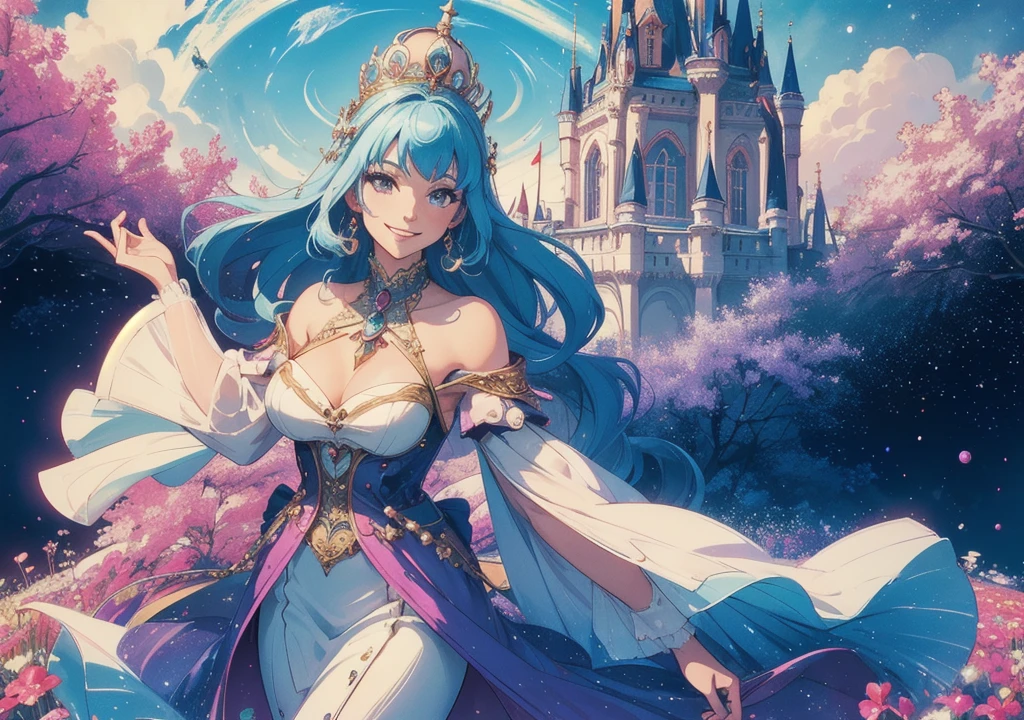 beautiful woman smiling, psychedelic, A space of illusion, castle, magical, masterpiece, high quality, 4K,, (best picture quality), (Master's work), (very detailed), absurd, original, (masterpiece:1.4),(best quality:1.4), phSaber, phAltoria,