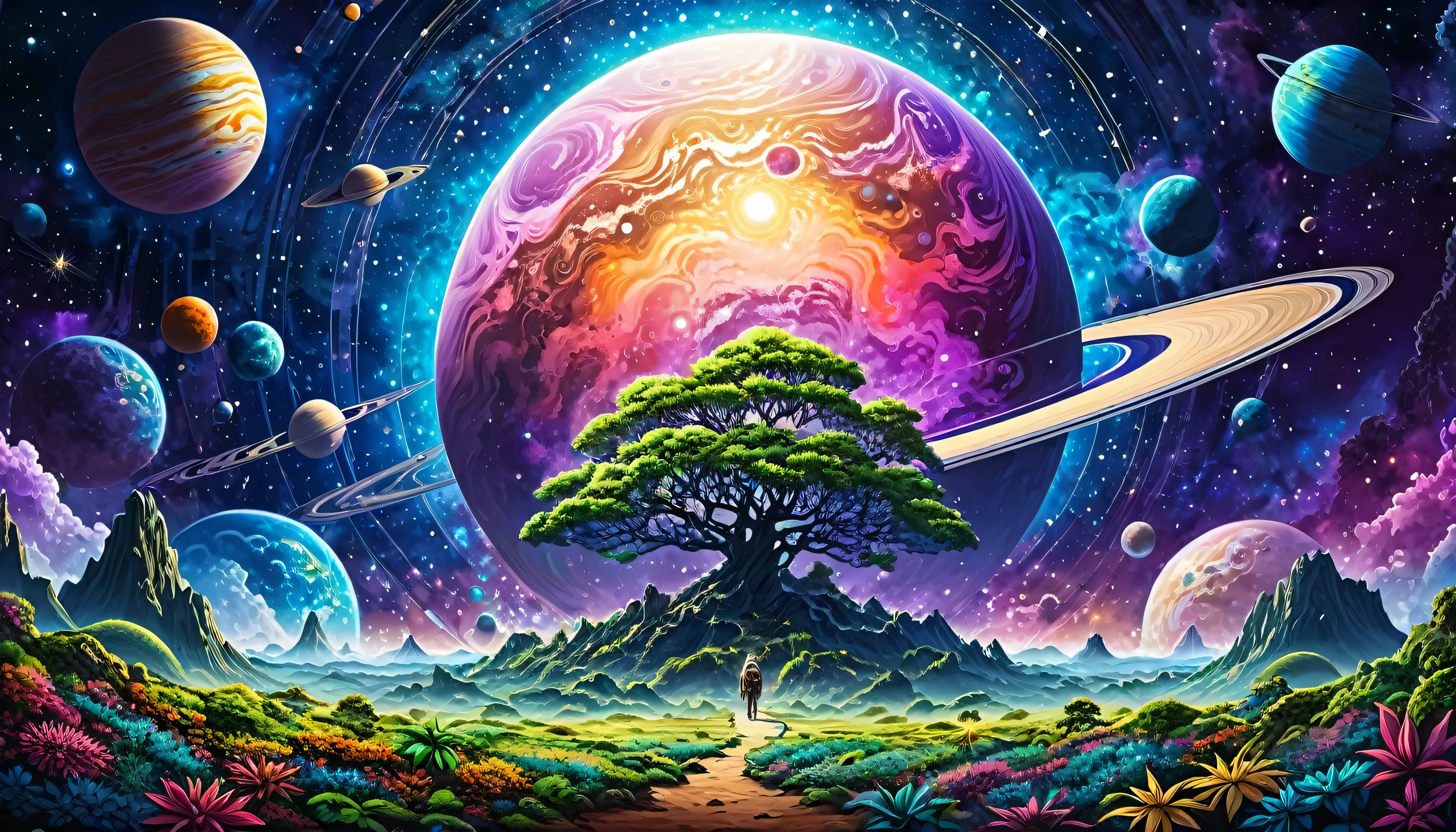 HD detailed, Close-up of a man in space suit, Background planet, Psychedelic universe horror, Psychedelic Illustration, universe, Plant growing, Psychopathic Universe, Background universe graphic art, universe illustrations, universe, universeLSD poster art, Behind the dmt space, Universe scene, Surreal Space, Universe Style