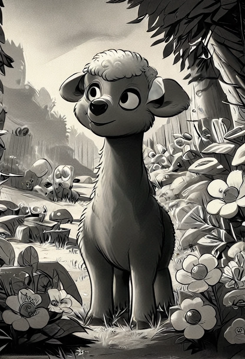 black and white vintage cartoon of cute cartoon character, lamb enjoying springtime flowers, (((masterpiece))),(best quality),      