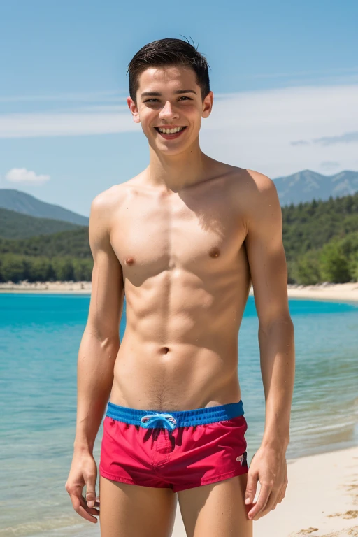 ((Ultra Quality)), ((Best Masterpiece)), (ultra-detailed), 4x young man, twink, few muscles, thin, bare torso, emaciated, black short hair, blue eyes, red lips, light pink swimming trunks, tight swimming trunks, skin-tight swimming trunks, see-through swimming trunks, standing at the lake, big belly visible, laughing, sunshine, looks crazy, cute, belly visible, feet visible, toes touching the sand, UHD, HDR, 8k, large image, full view, front view