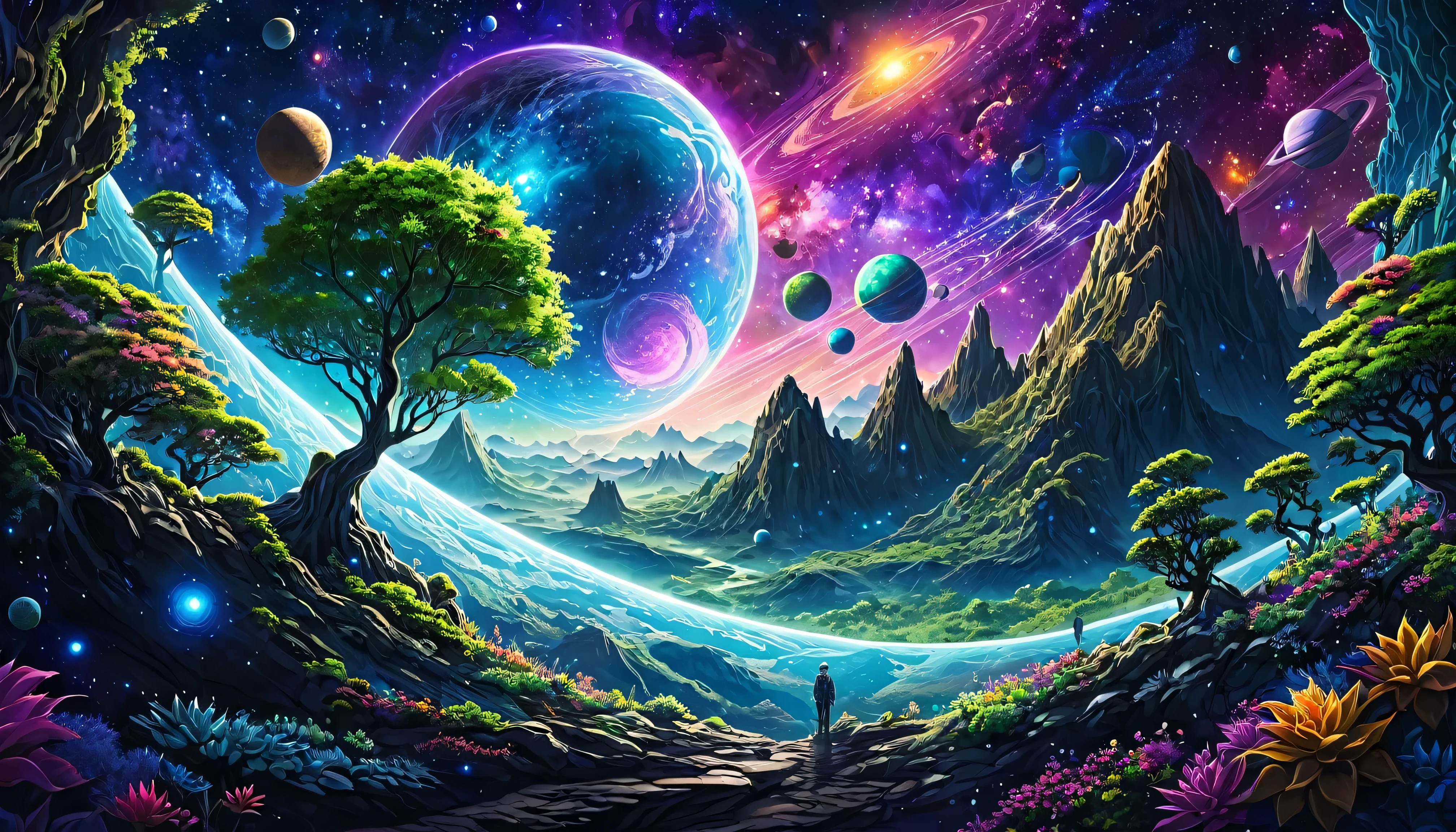 HD detailed, Close-up of a man in space suit, Background planet, Psychedelic universe horror, Psychedelic Illustration, universe, Plant growing, Psychopathic Universe, Background universe graphic art, universe illustrations, universe, universeLSD poster art, Behind the dmt space, Universe scene, Surreal Space, Universe Style