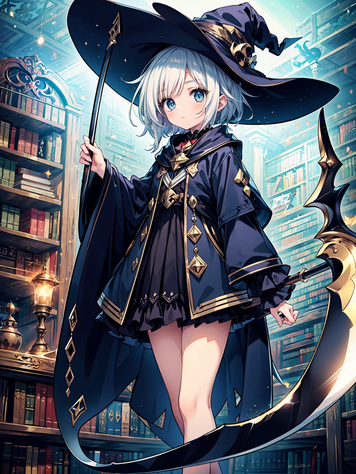 (masterpiece), Highest quality, Very detailed, A Magus girl with white hair holdding a magical Scythe, Witch Hat, Giant horns, Frilled short skirt, Red and black outfit, Scythe, Magic Light, The background is the library ,Library ai