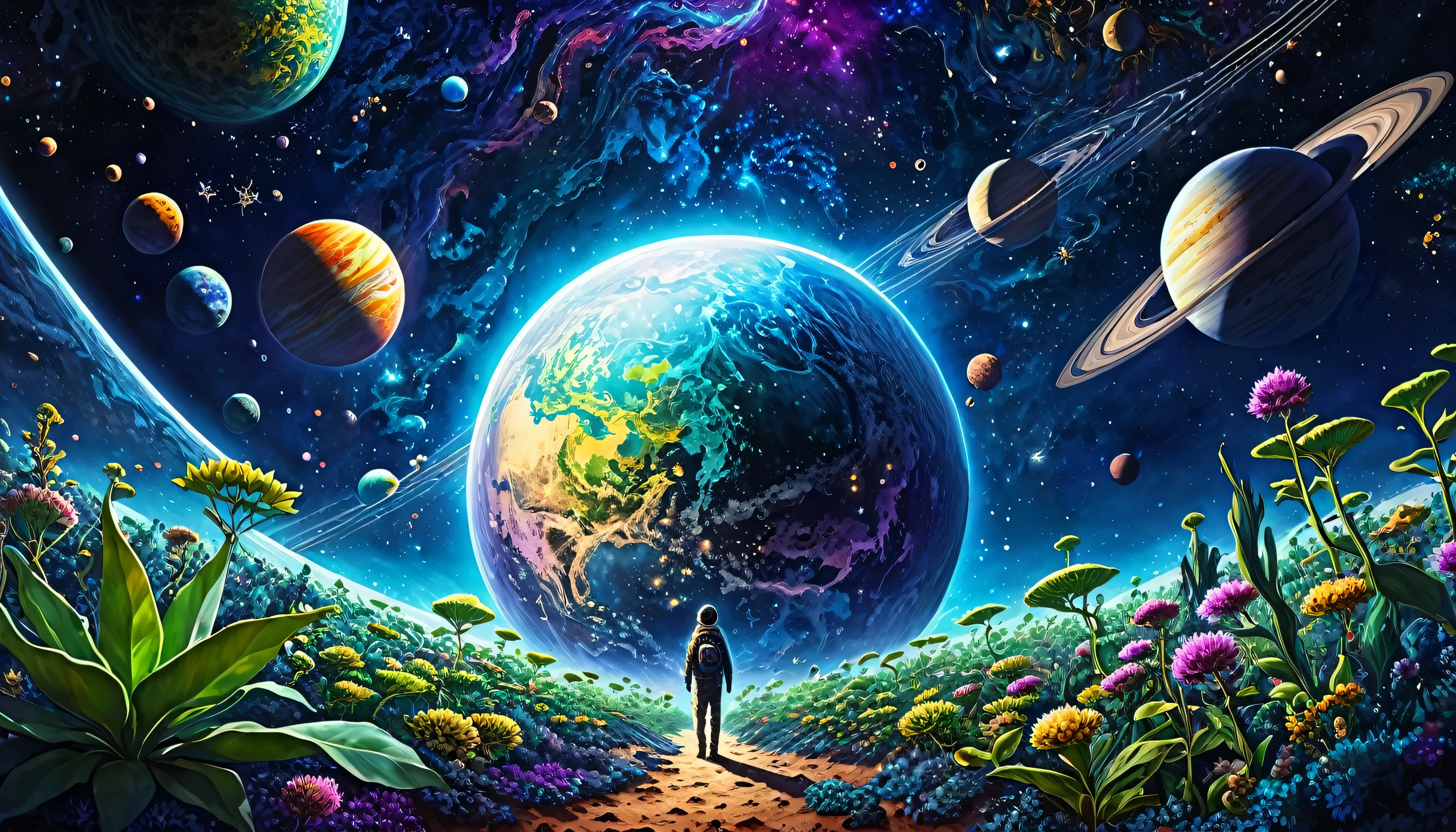 HD detailed, Close-up of a man in space suit, Background planet, Psychedelic universe horror, Psychedelic Illustration, universe, Plant growing, Psychopathic Universe, Background universe graphic art, universe illustrations, universe, universeLSD poster art, Behind the dmt space, Universe scene, Surreal Space, Universe Style