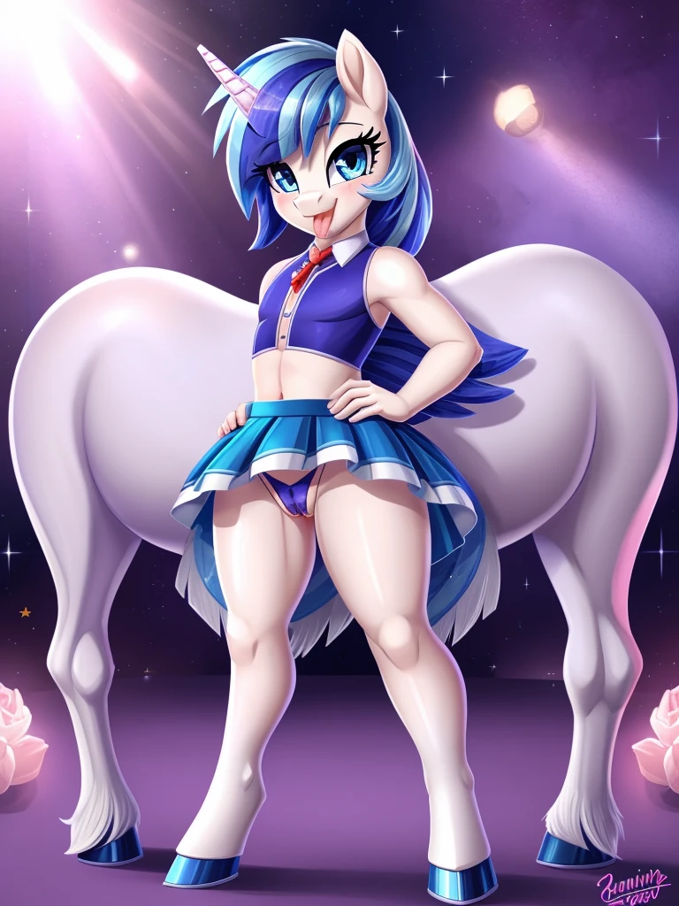 ((Shining armor)), pony, feral, my little pony, smile, beautiful eyes, ((standing on four hooves)), beautiful, thong, big butt, (girly pose), micro skirt, tongue out, pussy, cameltoe, spread pussy