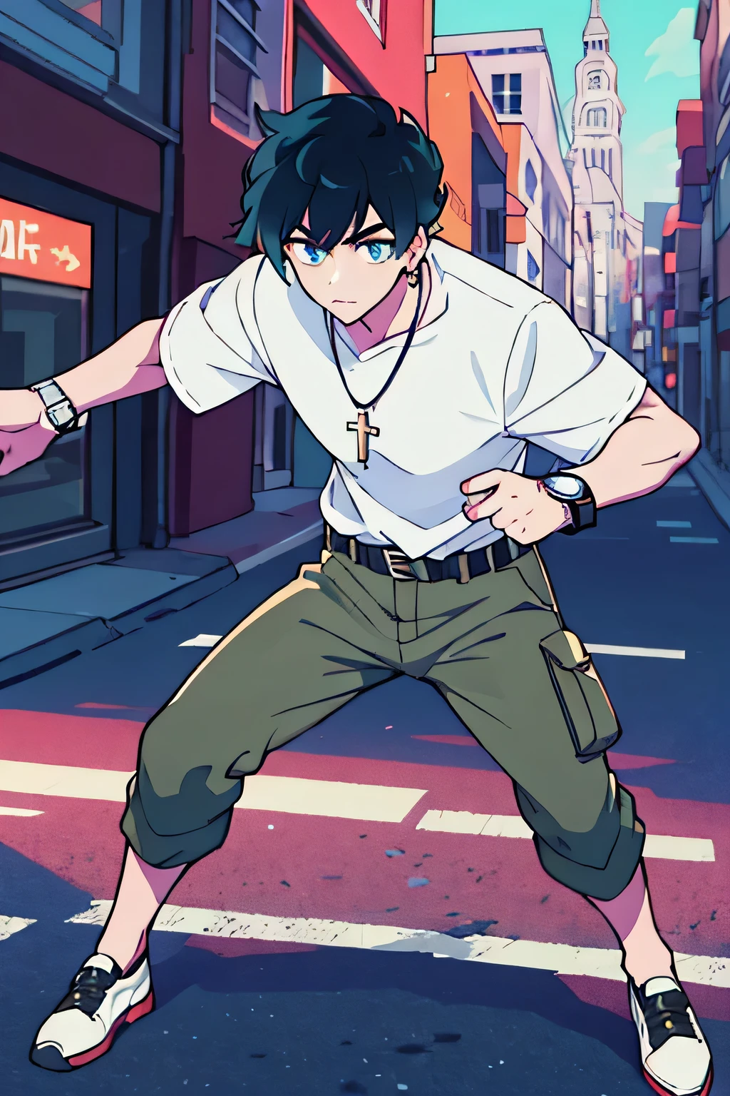high resolution, animation style, cool guy, cute and handsome man, earring, cross necklace, beautiful watch, beautiful eyes, Dandy cut, precise hand, The right hand, Correct foot, Hip khaki cargo pants, Wear a belt, Black outerwear over white short-sleeved T-shirt, shoes that match pants, Colorful city backdrop