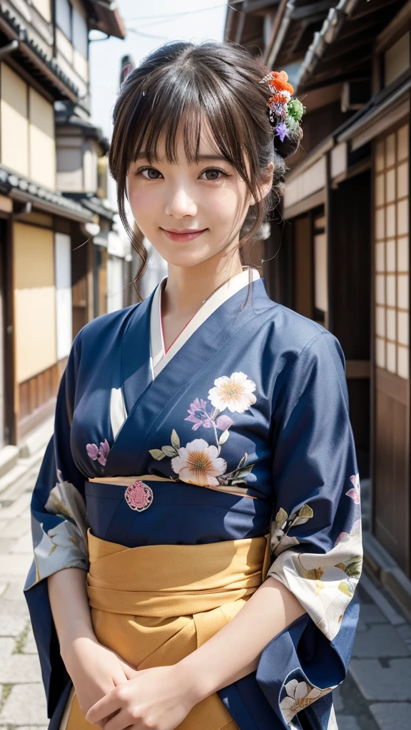Professional Lighting,(Realistic:1.4), (Top image quality:1.0), (超High resolution:1.0), 8k, Raw photography, (masterpiece:0.2), (Dealing with the Children_v1:0.5)、(最高quality Detail:1.2)、Realistic、8K Ultra HD、High resolution、(1 Girl:1.2)、超detailedな、High quality textures、複雑なdetailed、detailed、Very detailed CG、High quality shadows、detailed 美しく繊細な顔、Beautiful details and a delicate eye、(Symmetrical eyes:1.2),Written boundary depth、Ray Tracing,1 Girl, Japanese Girls, (Natural smile:1.4),cute, thin, Portrait of a beautiful Japanese woman in a kimono, Standing elegantly on a street corner in Kyoto. Kimono with vibrant traditional patterns, Hair decorated with elegant and delicate hairpins, Gentle expression. (With the old streets of Kyoto in the background:1.4)、The soft light of a spring afternoon、Adding tranquility to the scene. Rendered in a Realistic style with great attention to detail, High resolutionの画像.Sky Porn, Magic Hour, (Realistic:1.3), finely, quality, (Tabletop:1.2), (Realistic:1.2), (最高quality), (複雑なdetailed), dramatic, Ray Tracing, photograph, +roller