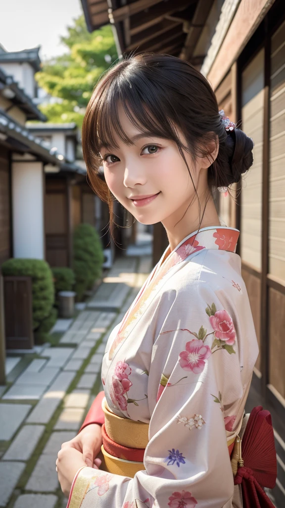 Professional Lighting,(Realistic:1.4), (Top image quality:1.0), (超High resolution:1.0), 8k, Raw photography, (masterpiece:0.2), (Dealing with the Children_v1:0.5)、(最高quality Detail:1.2)、Realistic、8K Ultra HD、High resolution、(1 Girl:1.2)、超detailedな、High quality textures、複雑なdetailed、detailed、Very detailed CG、High quality shadows、detailed 美しく繊細な顔、Beautiful details and a delicate eye、(Symmetrical eyes:1.2),Written boundary depth、Ray Tracing,1 Girl, Japanese Girls, (Natural smile:1.4),cute, thin, Portrait of a beautiful Japanese woman in a kimono, Standing elegantly on a street corner in Kyoto. Kimono with vibrant traditional patterns, Hair decorated with elegant and delicate hairpins, Gentle expression. (With the old streets of Kyoto in the background:1.4)、The soft light of a spring afternoon、Adding tranquility to the scene. Rendered in a Realistic style with great attention to detail, High resolutionの画像.Sky Porn, Magic Hour, (Realistic:1.3), finely, quality, (Tabletop:1.2), (Realistic:1.2), (最高quality), (複雑なdetailed), dramatic, Ray Tracing, photograph, +roller