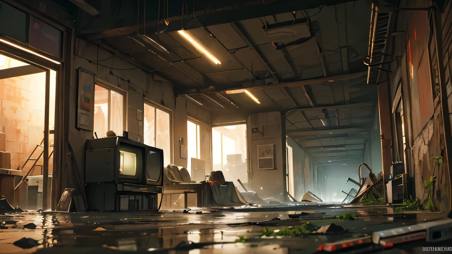 ((melhor qualidade)), ((Obra de arte)), ((detalhado)), Broken video games and Computers (PC) lying around everywhere. It's night, it's almost 1 a.m. in a post-apocalyptic scenario, of a city destroyed by floods, water and lame in the streets, RUST, VEGETATION and FUNGIS A LOT AROUND EVERYWHERE present