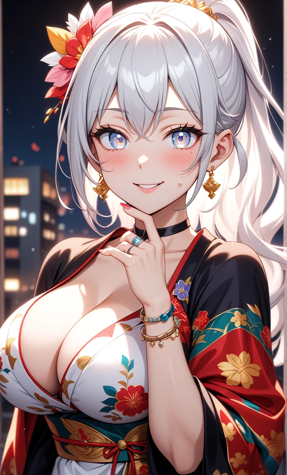 ((One personの女性)), Beautiful Face,Laughing shyly,((Wink:2.0)),Laugh with your mouth wide open((Bright red cheeks:1.4)),Glossy pink lips,night,rooftop,Festive decorations,You can see the ocean, firework,Laughing with your mouth open,Glossy pink lips,Lighting on the face,((Anime style background)),masterpiece, Highest quality, so beautiful,Latest, Complex details, (Pink long nails),(ring),(bracelet),(choker),AI-generated, Complex,High resolution, Highest quality, super high quality,3D Images、View your viewers、3D Images,One person,Long white hair,High Ponytail,(blue eyes),Anime woman posing for a photo, ((Fine grain、Silvery white colorful eyes、Shining Eyes:1.4)),(Squint your eyes:1.1),a hyperRealistic , hyperRealistic , Realistic,Anime woman with long and white hair, Smooth anime CG art, A woman in a colorful kimono with gold embroidery, (Black long sleeve kimono),Red floral pattern,Long flower hair ornament,Big earrings,Mature Body,(Big Breasts:1.1),Tall,Abdominal muscles,Narrow waist,(Zoom in on face:1.8),Shooting from below at an angle