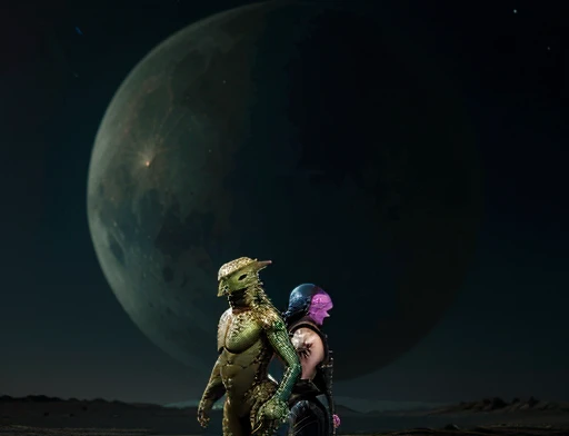 full length, an absolutely naked young mexican girl hugging a humanoid alien from another planet against the backdrop of an alien spaceship, ultra-high-quality detailing