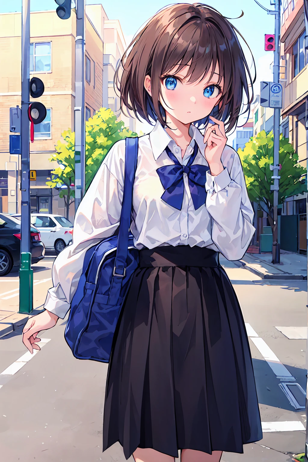masterpiece, Highest quality, Very detailed, 16K, One Girl, spring, high school, Street Corner, school bag, 正確でVery detailed背景, Mr.々A group of schoolgirls in uniforms with different body types and hairstyles, cute. break. akane kurokawa, One girl, short hair, Brown Hair, Green Eyes, Black Hair, Medium Hair, White shirt, Collared shirt, , Best, White shirt, sweater Best, black Best, Blue tie, One Length Bob, Creating Bangs, Brighten up the area around the face, Leave the ends of the hair thick overall. Dark brown hair, blue eyes
