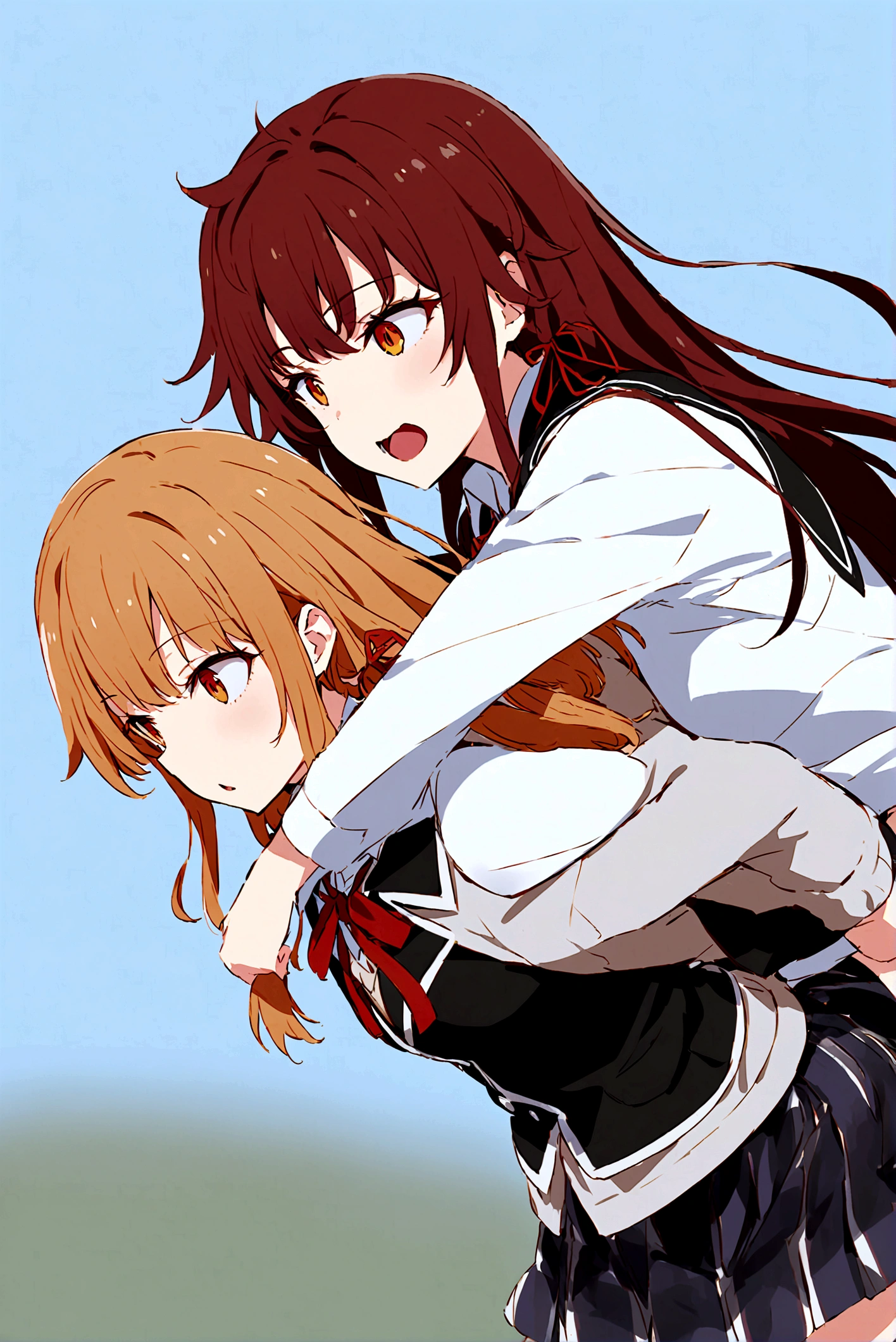 2 gril yukino Yukinoshita giving Yuigahama Yui piggyback ride, Yukinoshita Yukino takes a piggyback ride, size difference, yukino Yukinoshita,