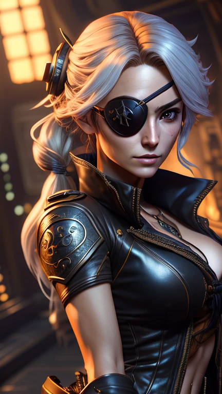 A beautiful highly detailed anime-style female space pirate, with a modern eye patch and disheveled hair falling over one eye, wearing intricate space fantasy clothing, in an immersive space battle station background, (best quality,4k,8k,highres,masterpiece:1.2),ultra-detailed,(realistic,photorealistic,photo-realistic:1.37),extremely detailed face and eyes, detailed intricate clothing, medium breasts, volumetric lighting, cinematic lighting, vivid colors,dramatic shadows, dynamic composition, left-eyepatch