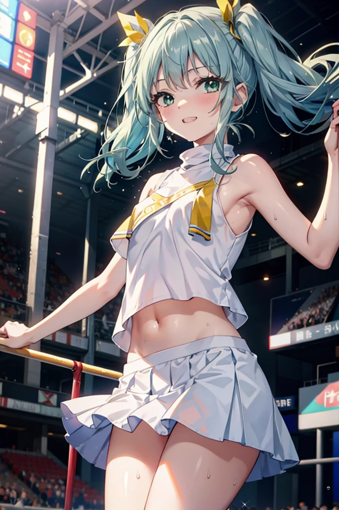 index, index,Silver Hair, (Green Eyes:1.5),Long Hair, (Flat Chest:1.2),Grin,tooth,
,(cheer leading), (whole body), Lower, (Sweaty), Sweaty Wet Clothes, (White clothes), Pleated skirt,Black socks,sneakers, Belly button support, playground, (Jump), (Jump), 足を曲げてJumpする, air, blue sky, Grass原, smile,Cheerleader, Pom-pom \(cheer leading\), Grass, smile, whole bodyがイラストに入るように,
break looking at viewer, whole body,(Cowboy Shot:1. 5) ,
break indoors, Stadium,crowd, people々々,
break (masterpiece:1.2), Highest quality, High resolution, unity 8k wallpaper, (shape:0.8), (Fine and beautiful eyes:1.6), Highly detailed face, Perfect lighting, Highly detailed CG, (Perfect hands, Perfect Anatomy),